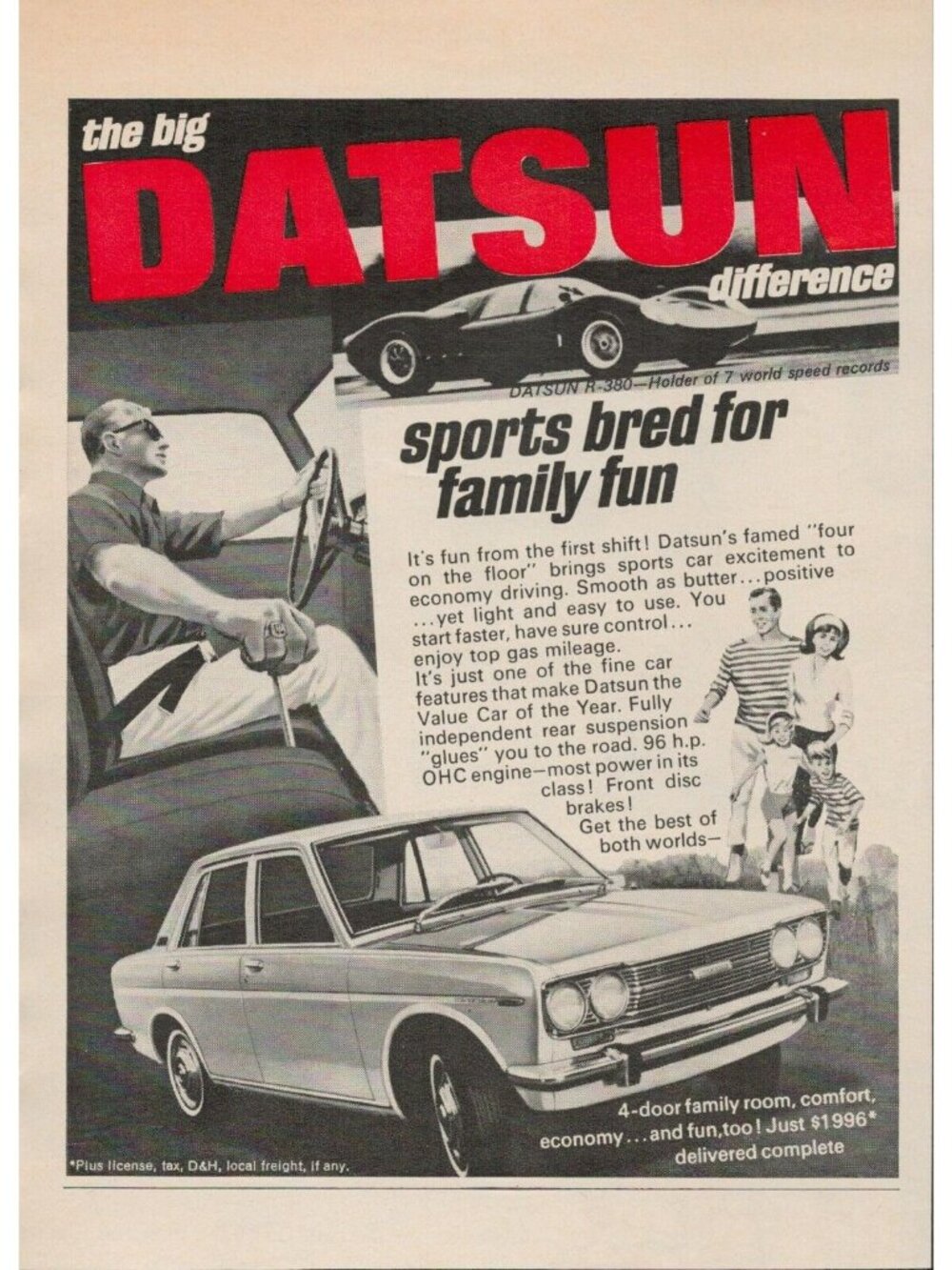 1968 Datsun Automobile "Four On The Floor" 96 h.p. Engine Vintage Print Ad (L2)